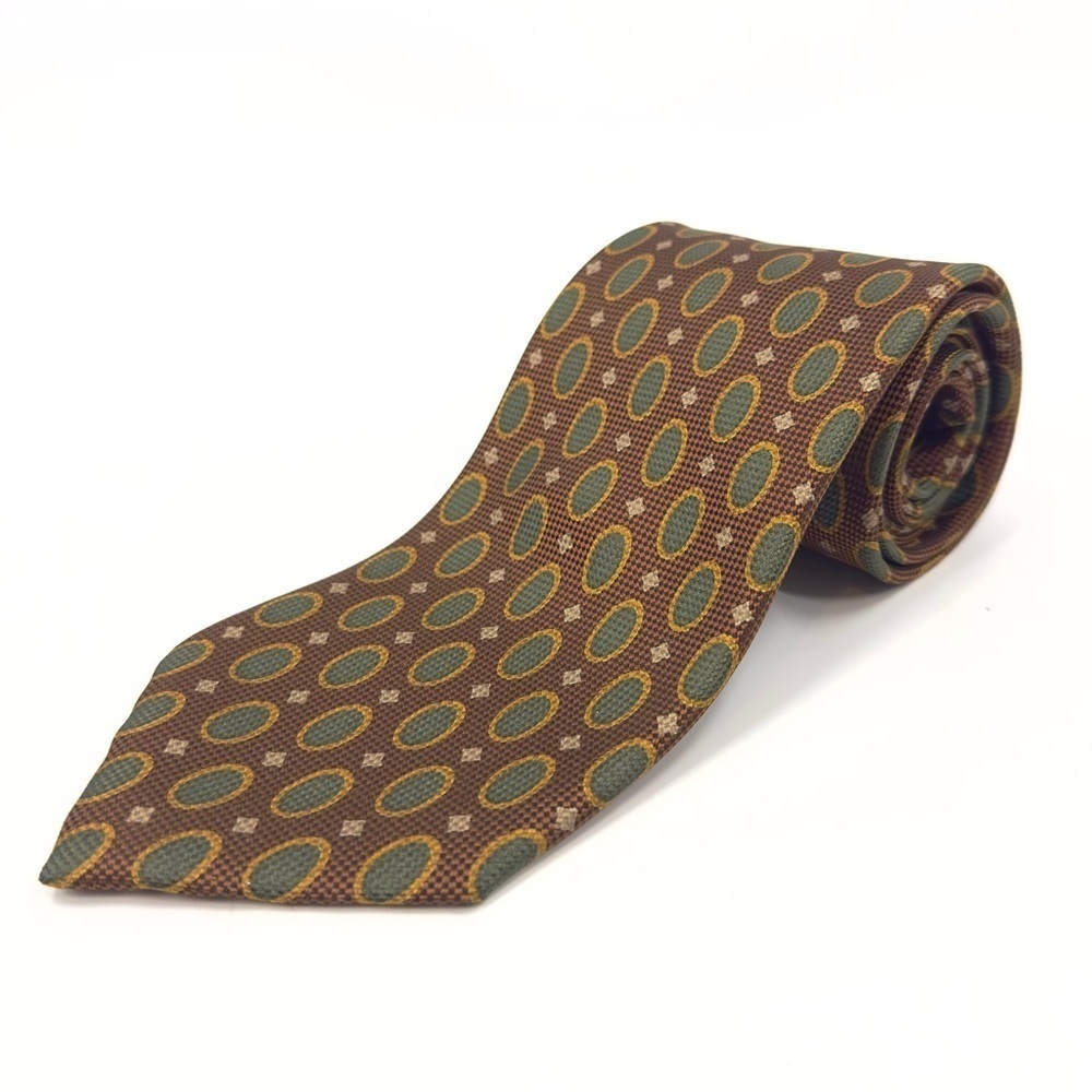 Hickey Freeman 100% Silk Tie Brown Green Gold Circle Dot Print Made In Italy